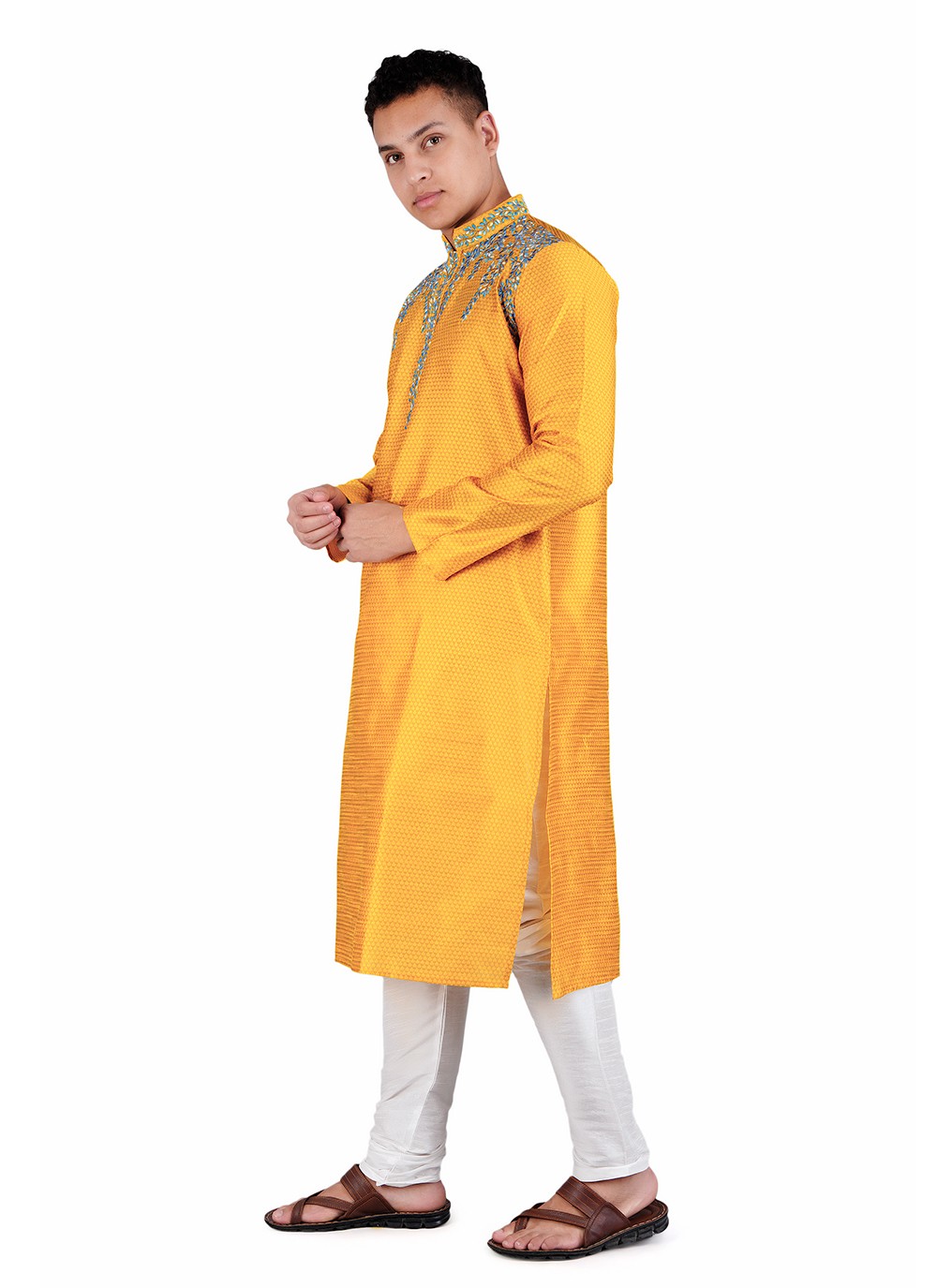 Machine Embroidery Dupion Silk Yellow Kurta Pyjama - M6534