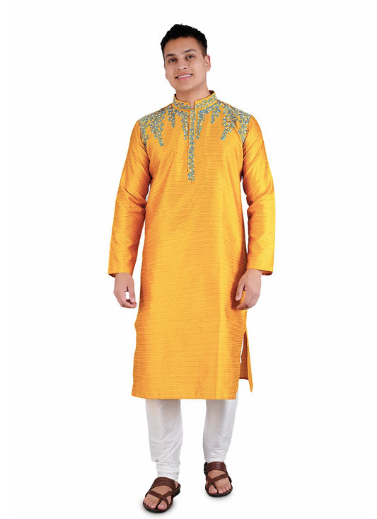 Machine Embroidery Dupion Silk Yellow Kurta Pyjama - M6534