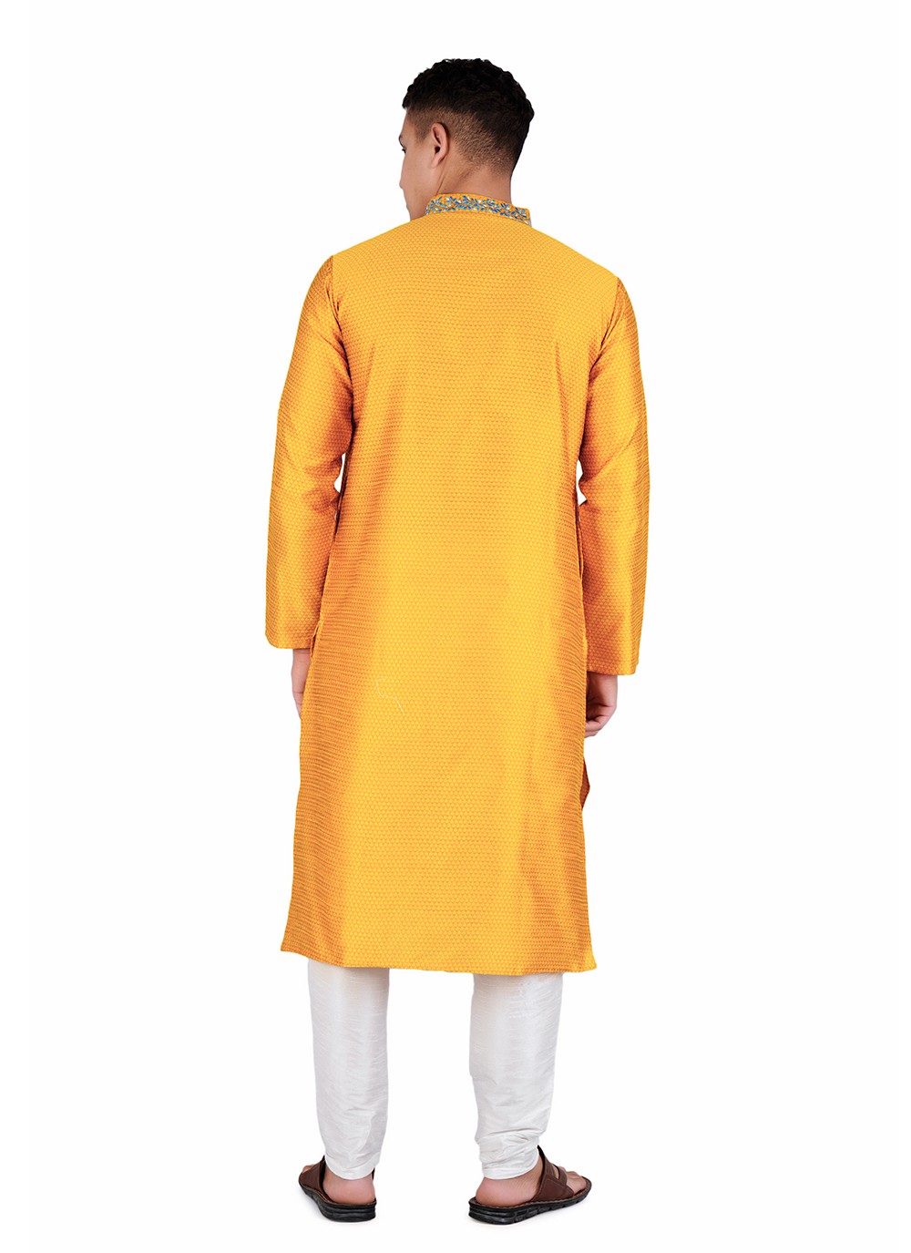 Machine Embroidery Dupion Silk Yellow Kurta Pyjama - M6534