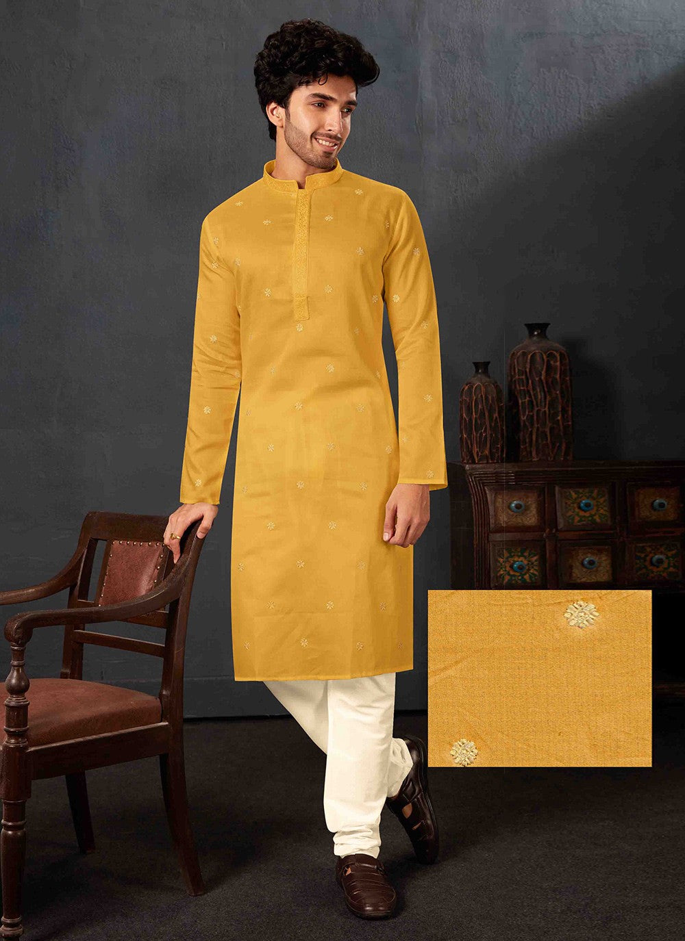 Embroidered Cotton Yellow Kurta Pyjama - M6851