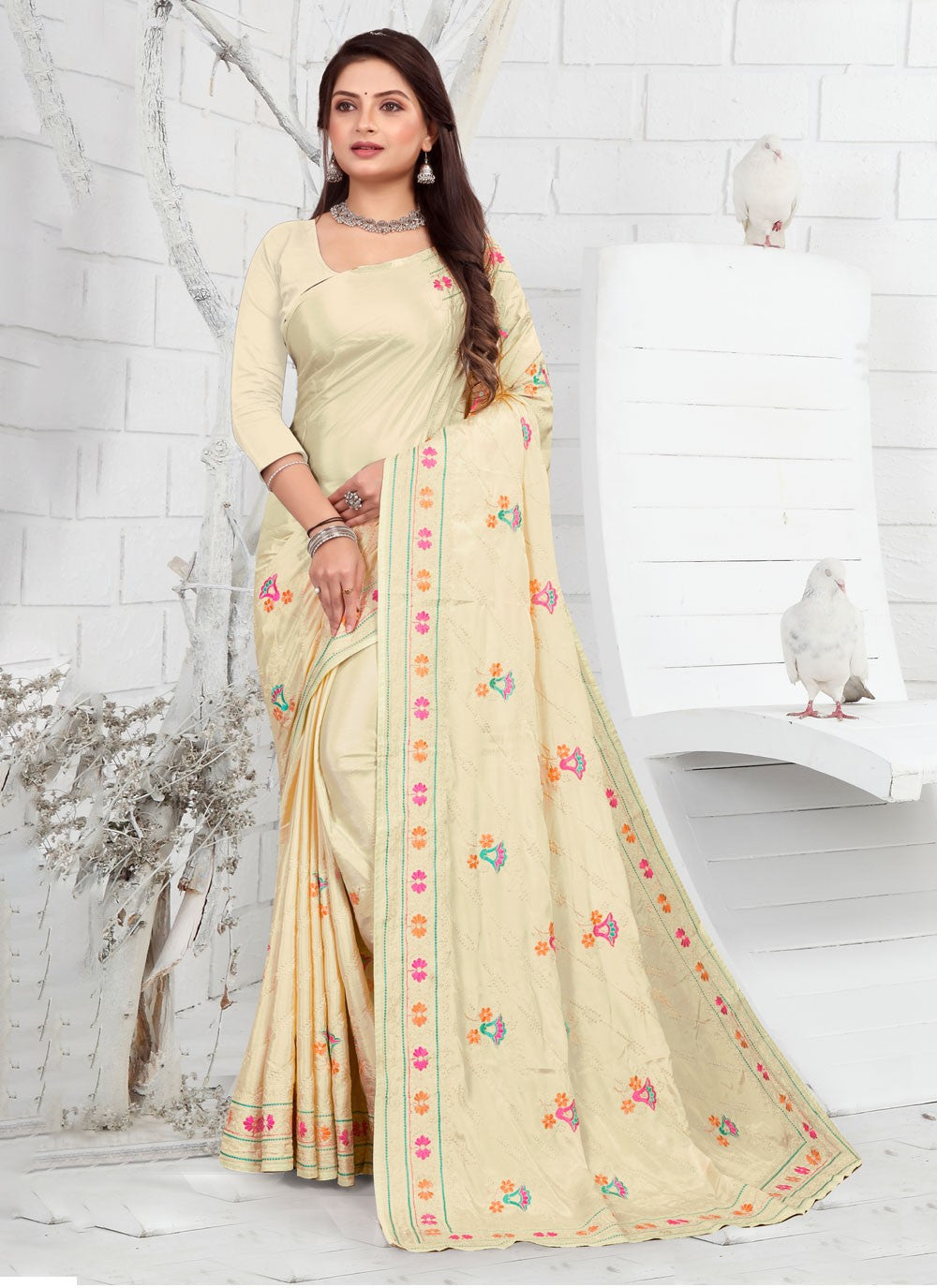 Classic Embroidered Faux Crepe Saree - S3733