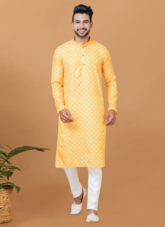 Digital Print Cotton Yellow Kurta Pyjama - M5928