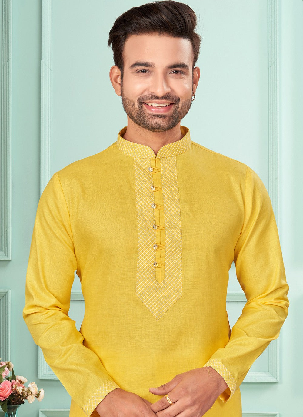 Fancy Work Cotton Yellow Kurta Pyjama - M7250