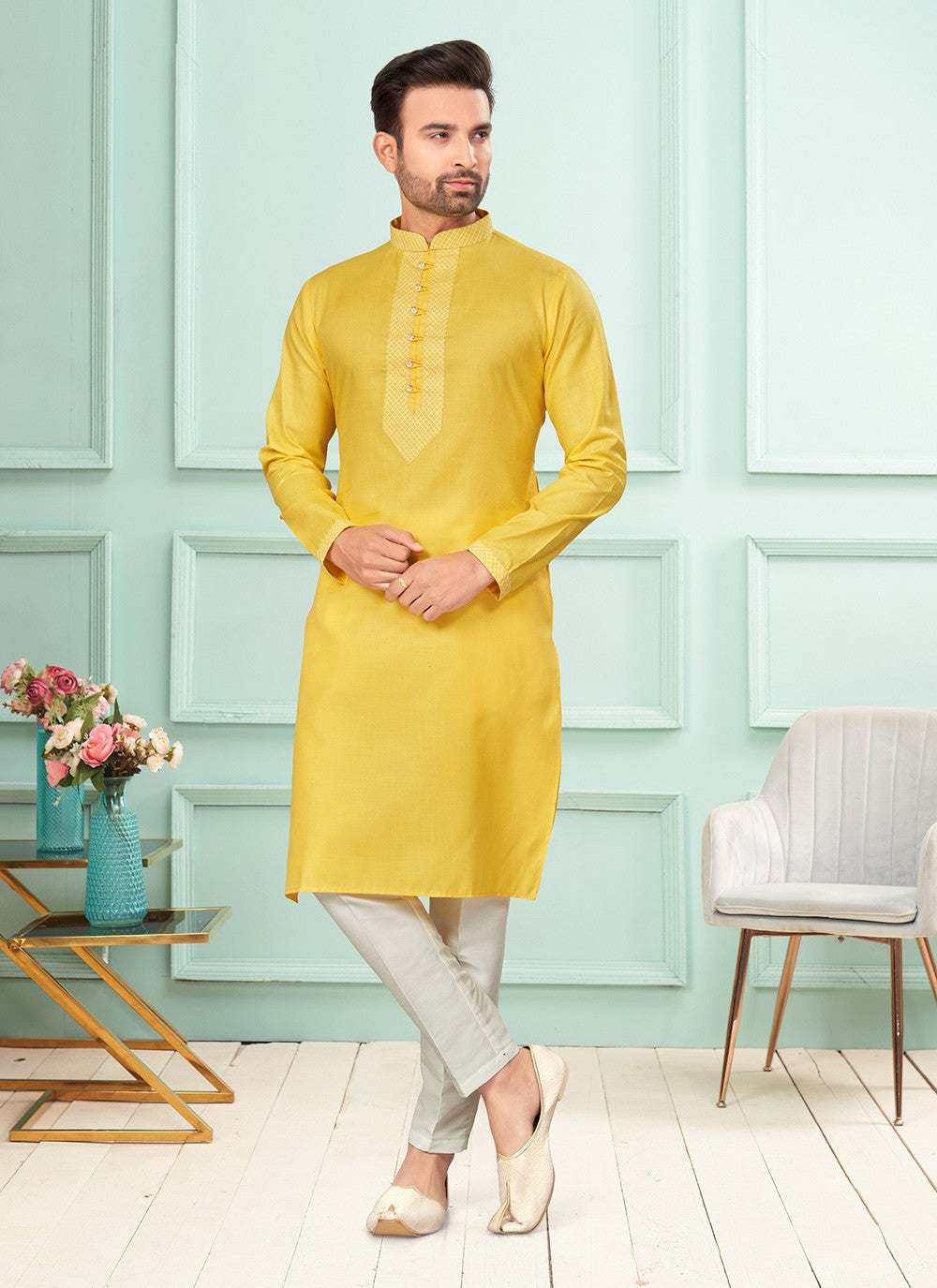 Fancy Work Cotton Yellow Kurta Pyjama - M7250