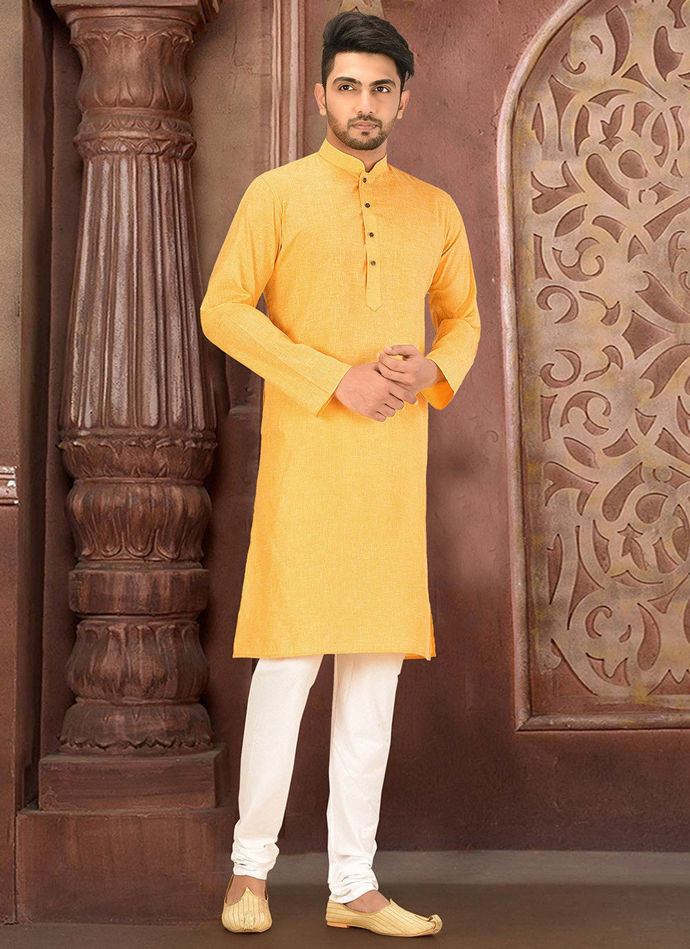 Plain Cotton Yellow Kurta Pyjama - M2774