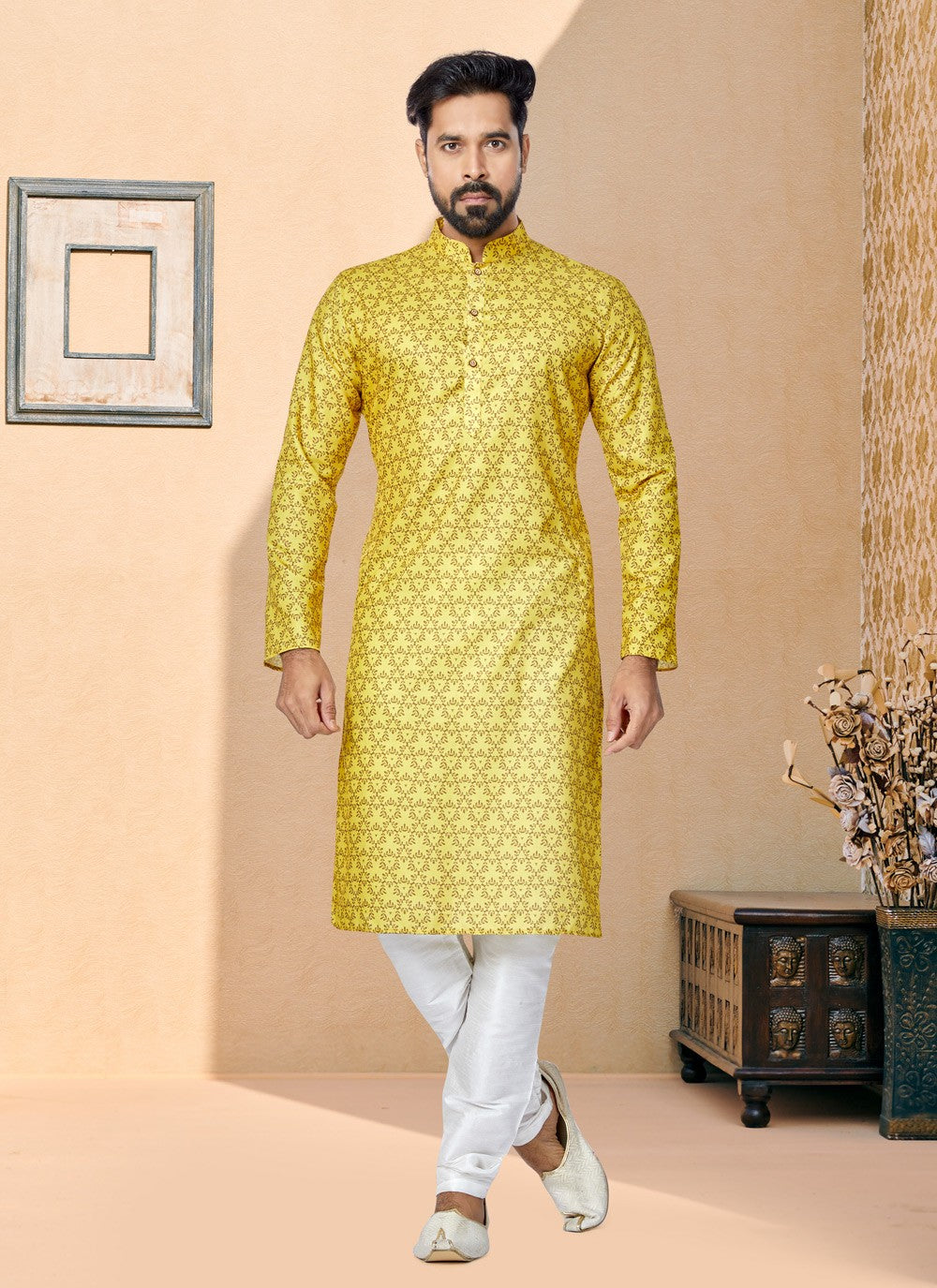 Digital Print Cotton Yellow Kurta Pyjama - M5075