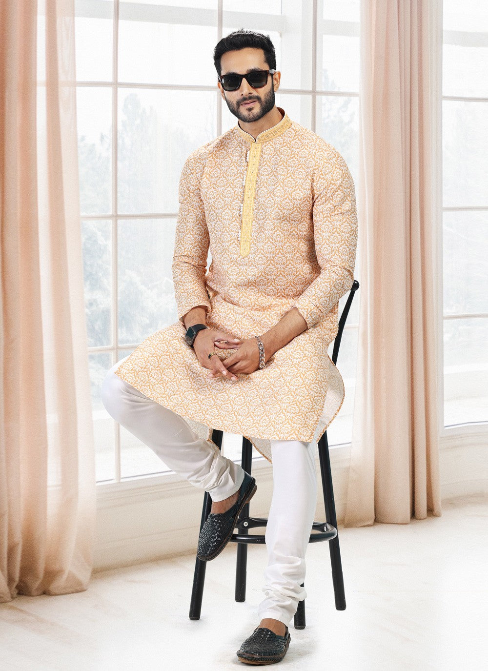 Fancy Work Cotton Yellow Kurta Pyjama - M5118