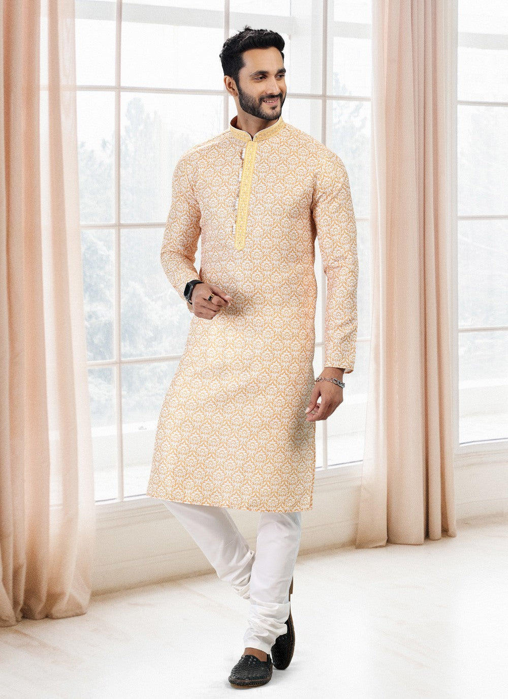 Fancy Work Cotton Yellow Kurta Pyjama - M5118