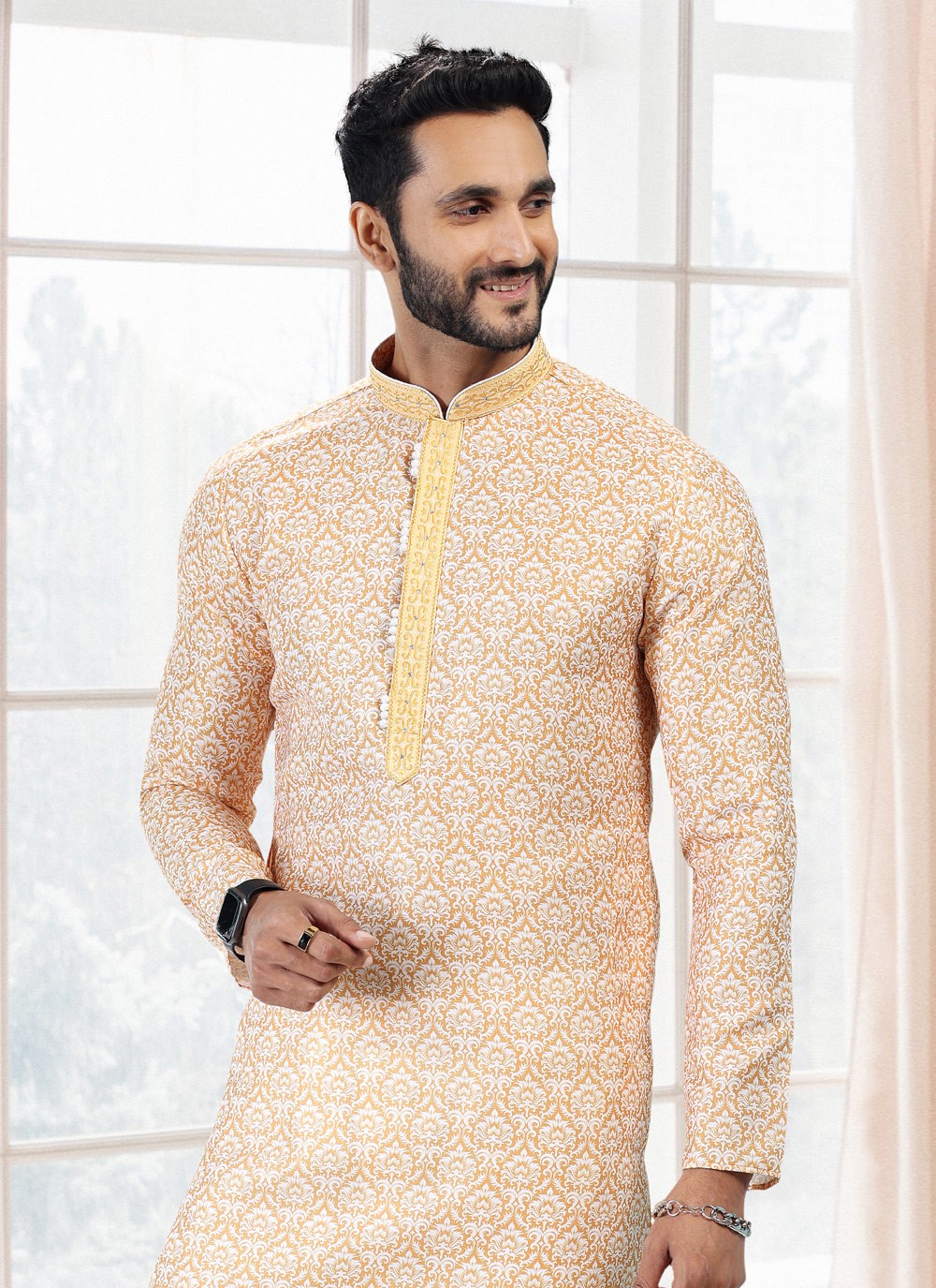 Fancy Work Cotton Yellow Kurta Pyjama - M5118