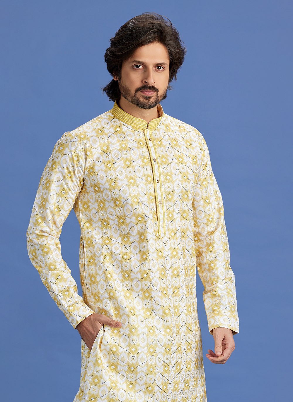 Digital Print Cotton Yellow Kurta Pyjama - M6929