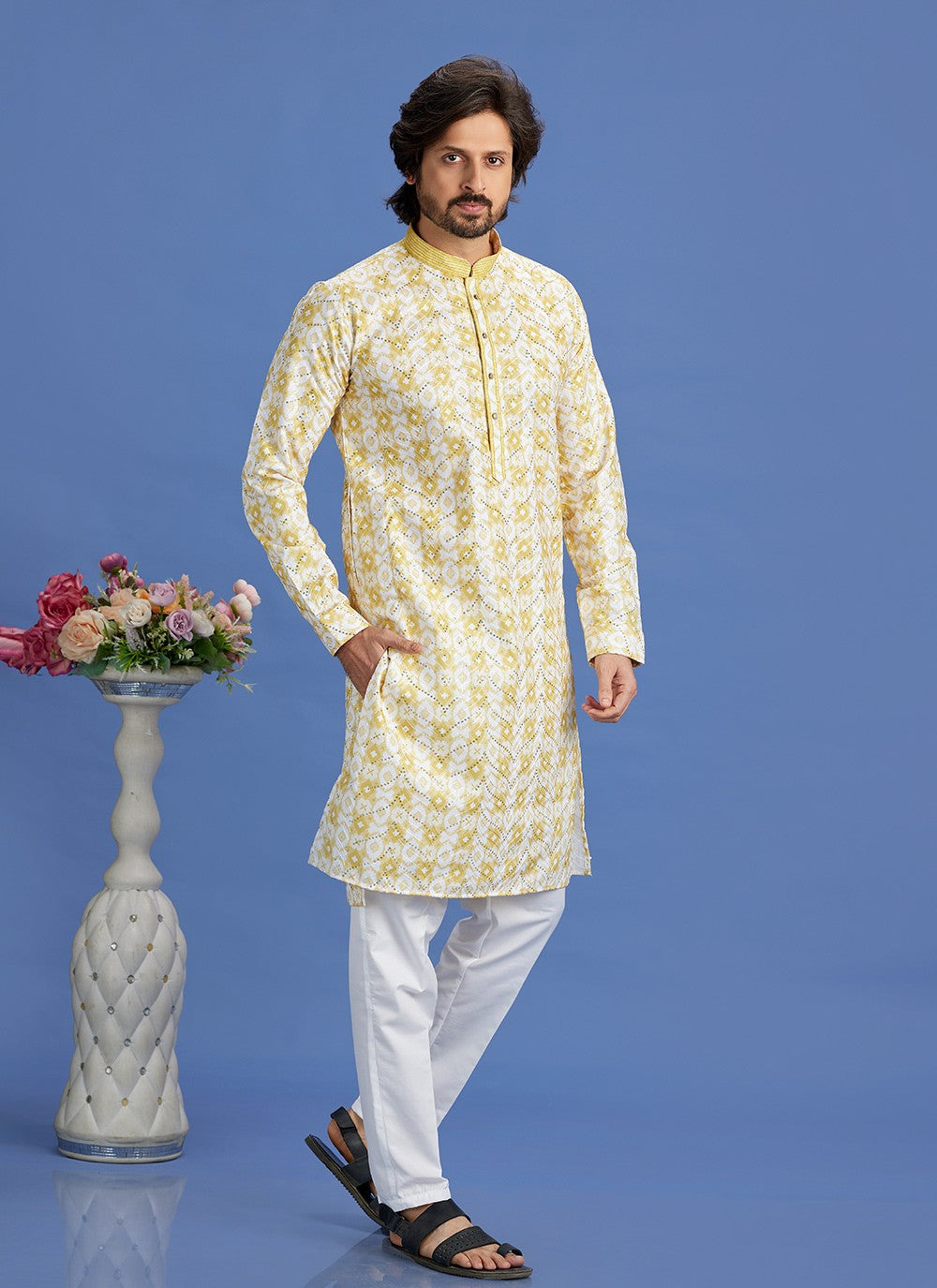 Digital Print Cotton Yellow Kurta Pyjama - M6929