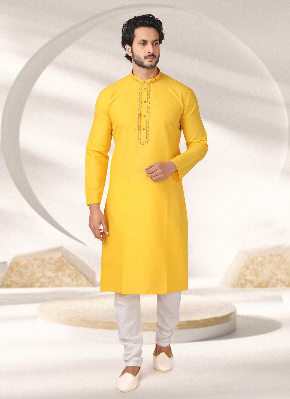 Embroidered Cotton , Rayon Yellow Kurta Pyjama - M7005