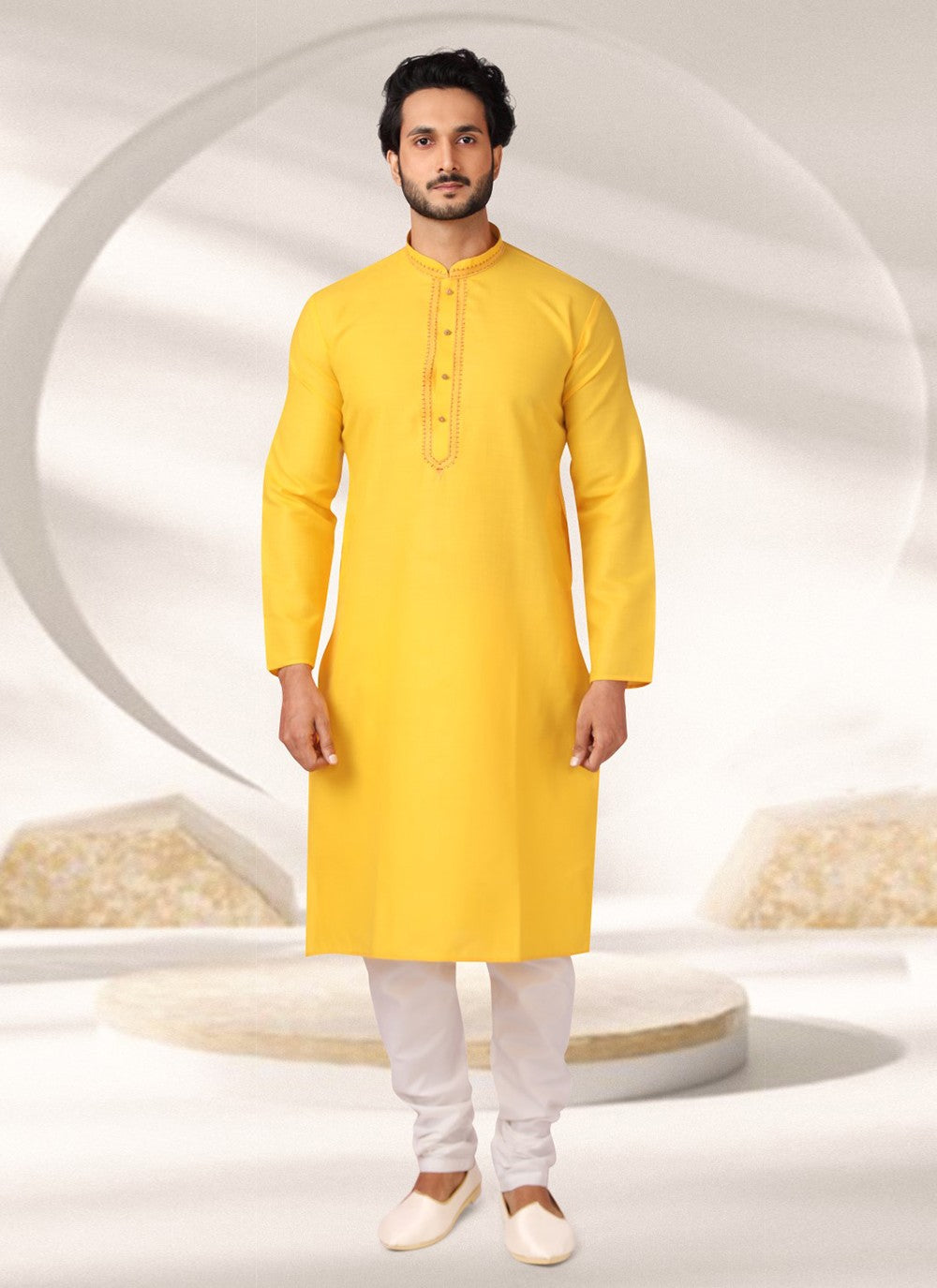 Embroidered Cotton , Rayon Yellow Kurta Pyjama - M7005