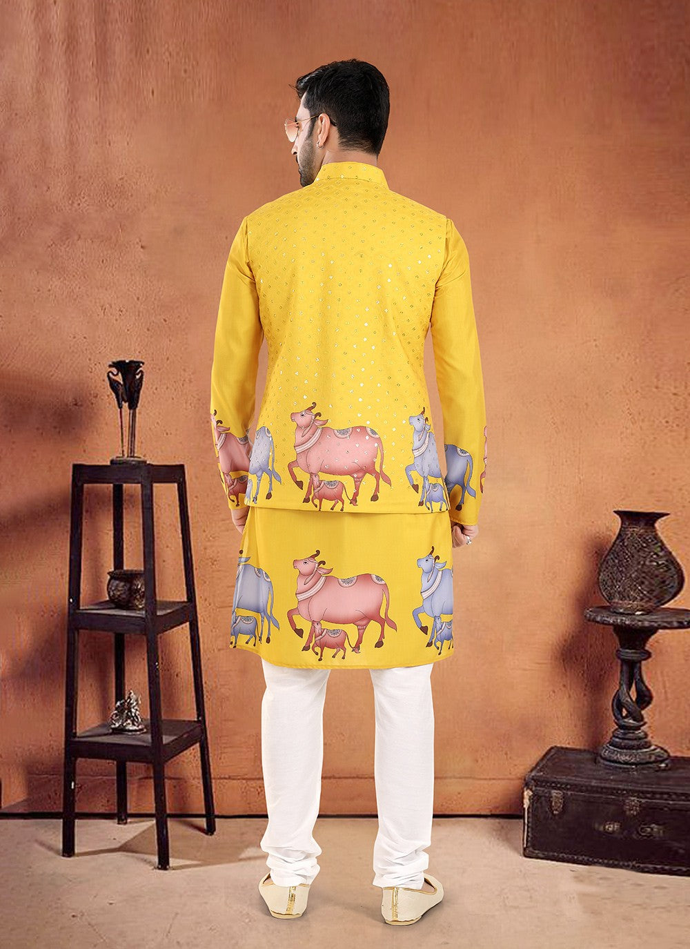 Printed Cotton Yellow Kurta Payjama With Jacket - M8104