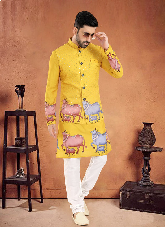 Printed Cotton Yellow Kurta Payjama With Jacket - M8104