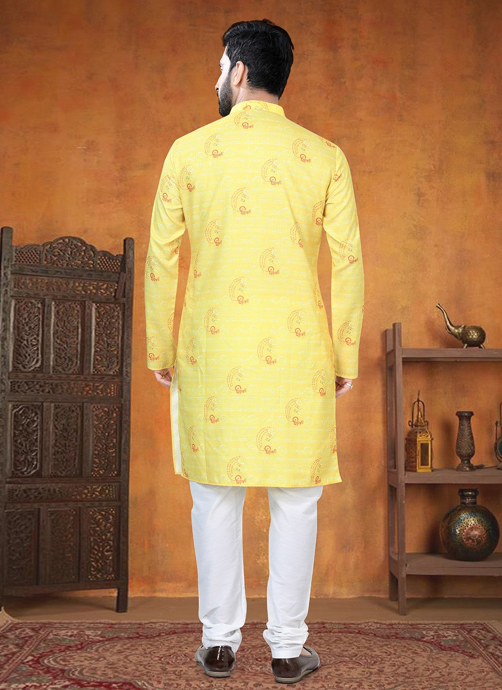 Printed Cotton Yellow Kurta Pyjama - M8791