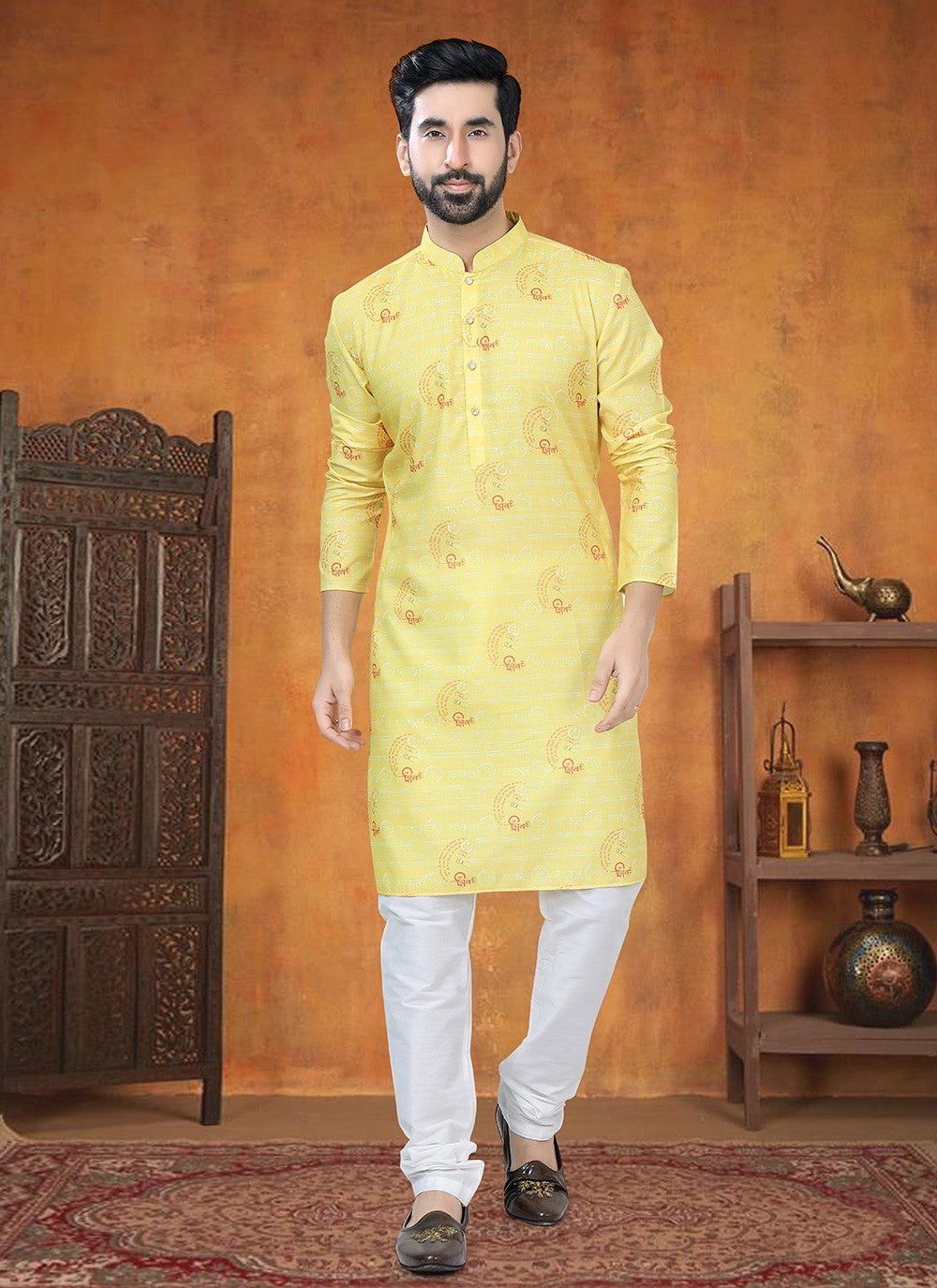 Printed Cotton Yellow Kurta Pyjama - M8791