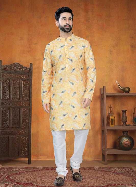 Printed Cotton Yellow Kurta Pyjama - M8797