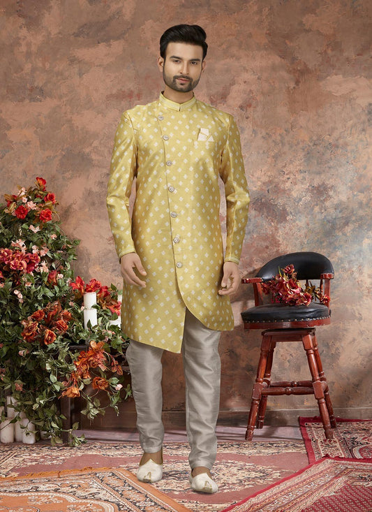 Digital Print Jacquard Yellow Indo Western Sherwani - M2879