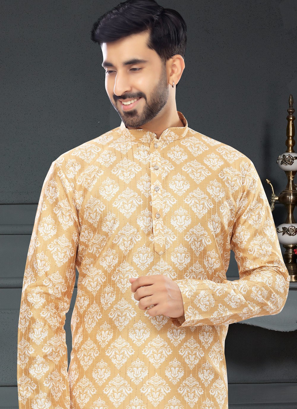 Digital Print Silk Yellow Kurta Pyjama - M4730