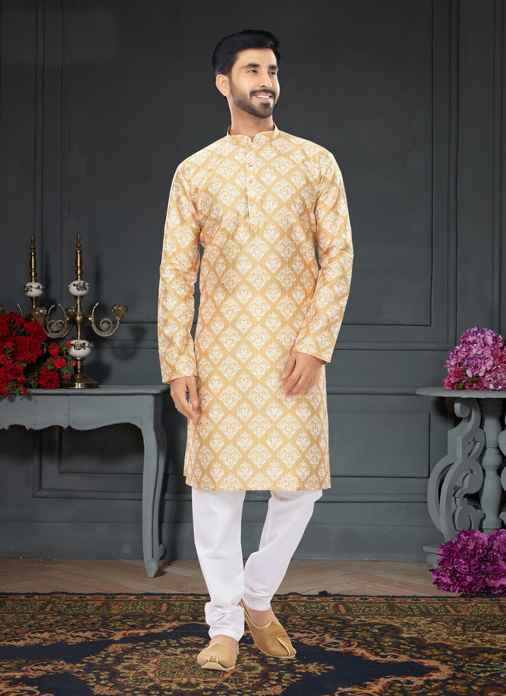 Digital Print Silk Yellow Kurta Pyjama - M4730