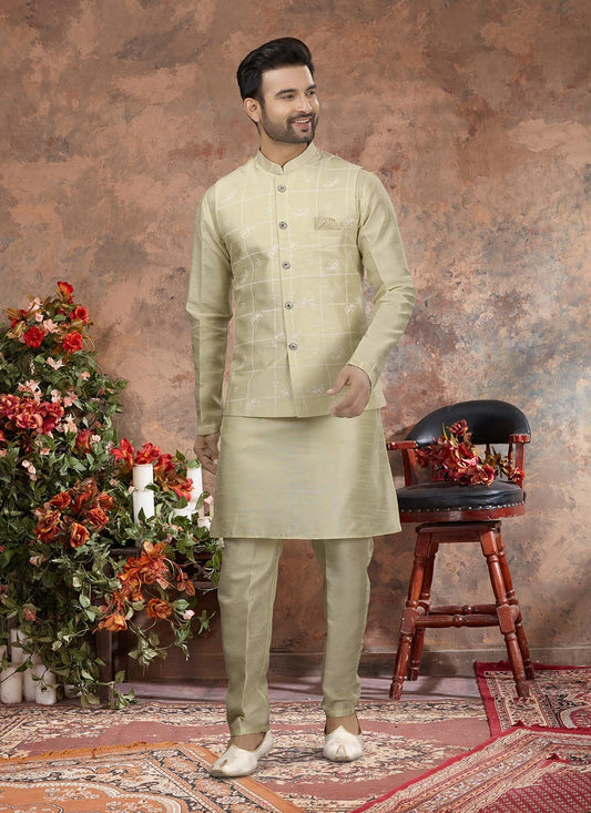 Printed Dupion Silk Yellow Kurta Payjama With Jacket - M2900