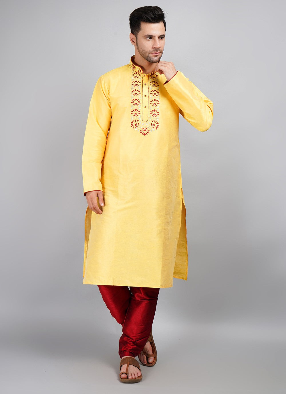 Machine Embroidery Dupion Silk Yellow Kurta Pyjama - M5691