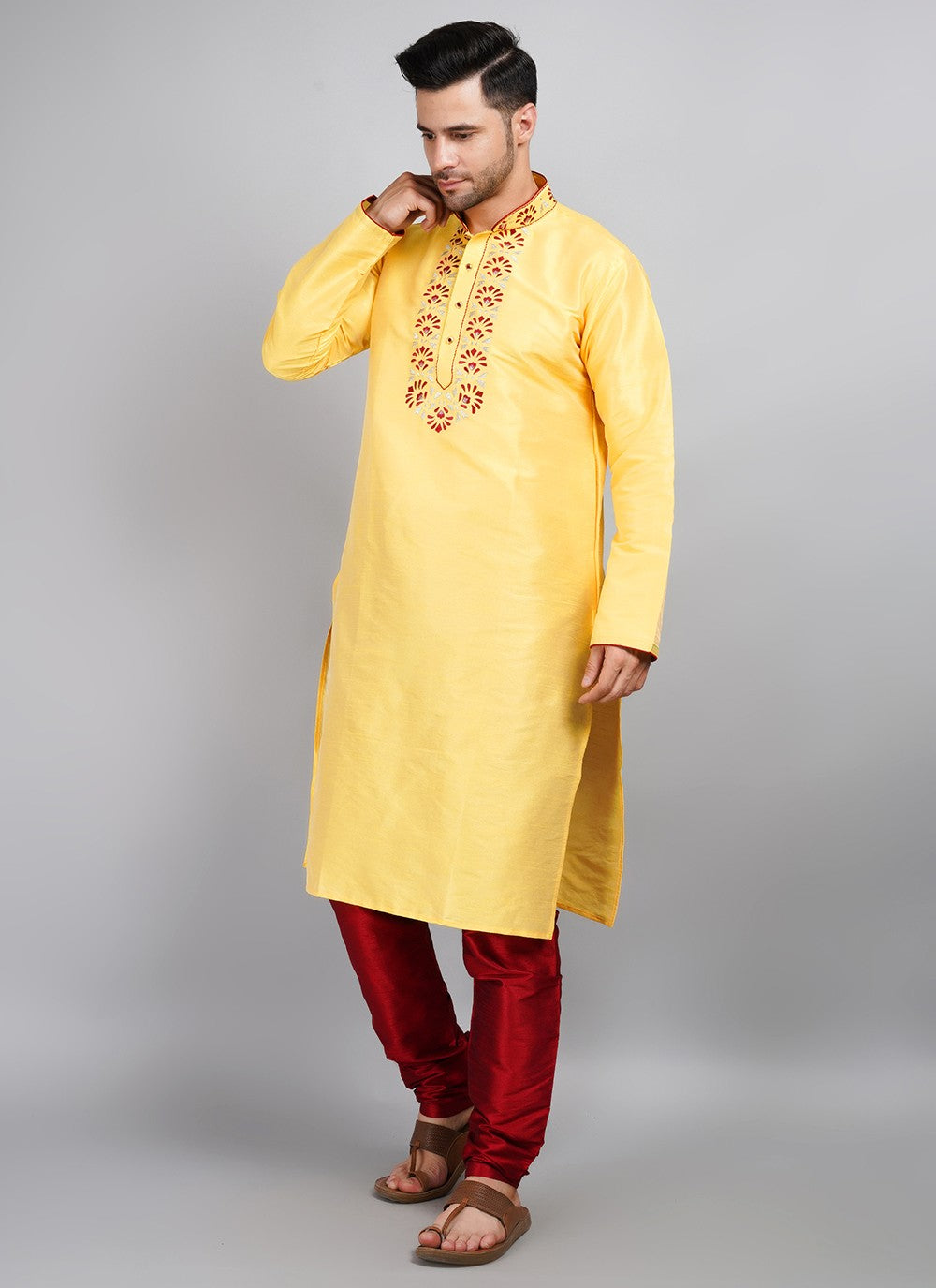 Machine Embroidery Dupion Silk Yellow Kurta Pyjama - M5691