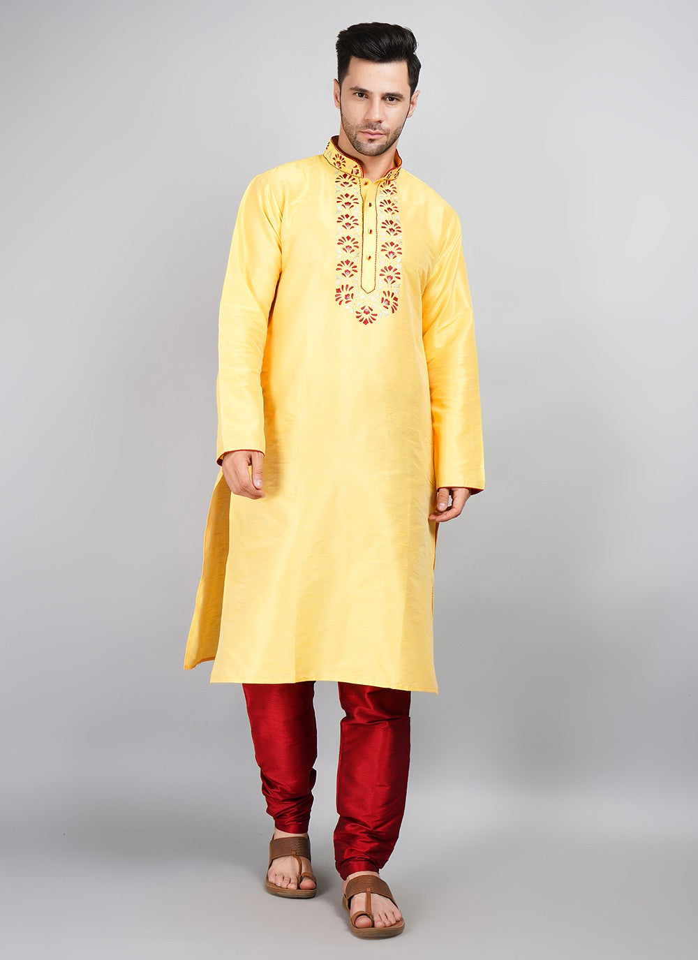 Machine Embroidery Dupion Silk Yellow Kurta Pyjama - M5691