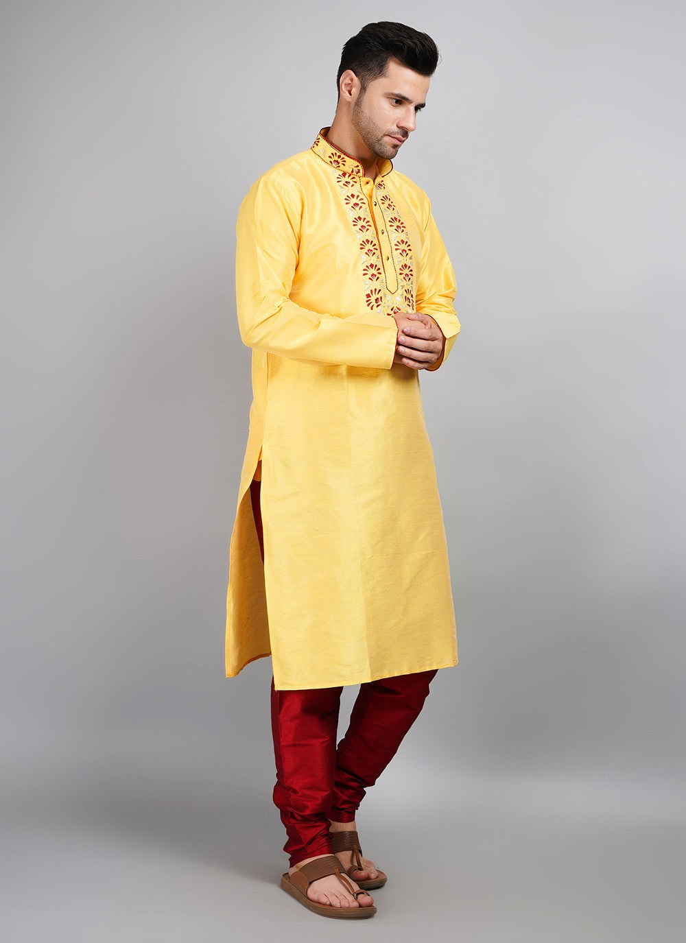 Machine Embroidery Dupion Silk Yellow Kurta Pyjama - M5691