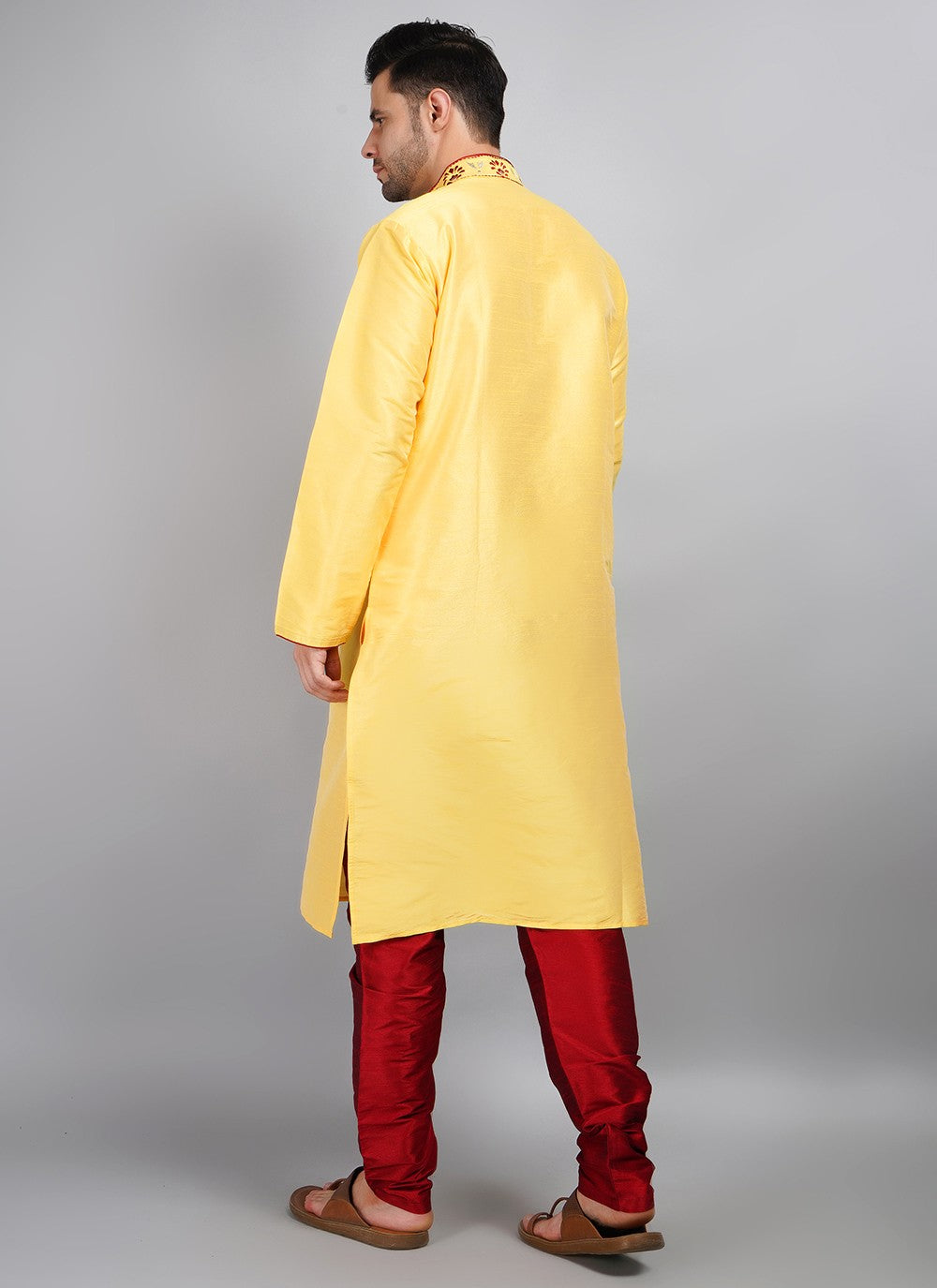 Machine Embroidery Dupion Silk Yellow Kurta Pyjama - M5691