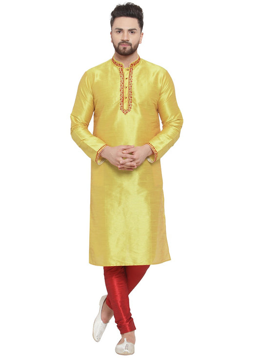 Embroidered Dupion Silk Yellow Kurta Pyjama - M7309