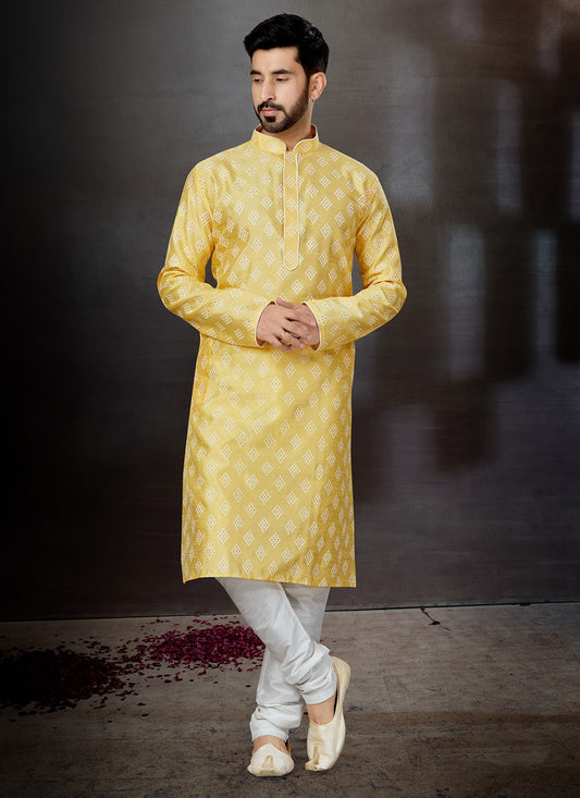 Printed Dupion Silk Yellow Kurta Pyjama - M4786