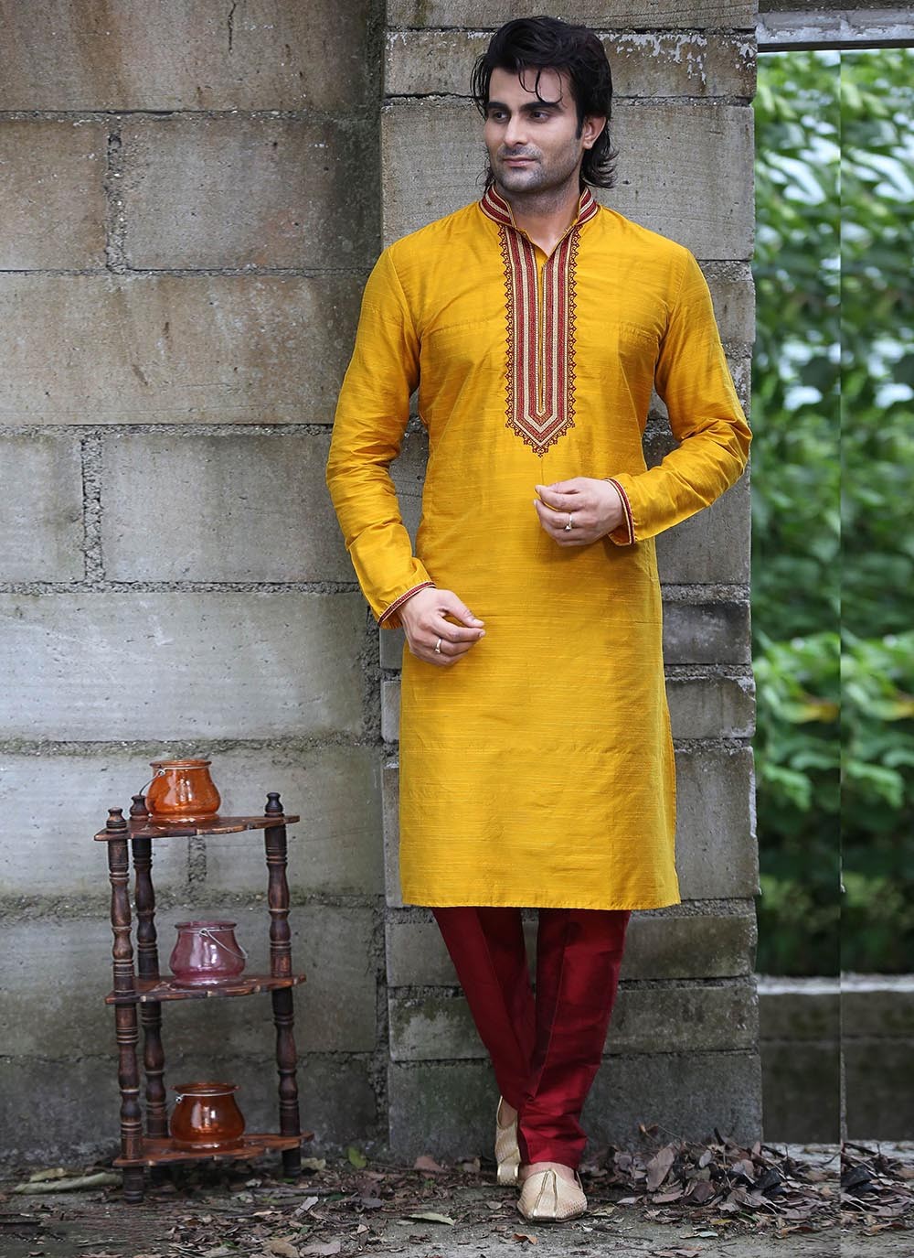 Embroidered Dupion Silk Yellow Kurta Pyjama - M2129