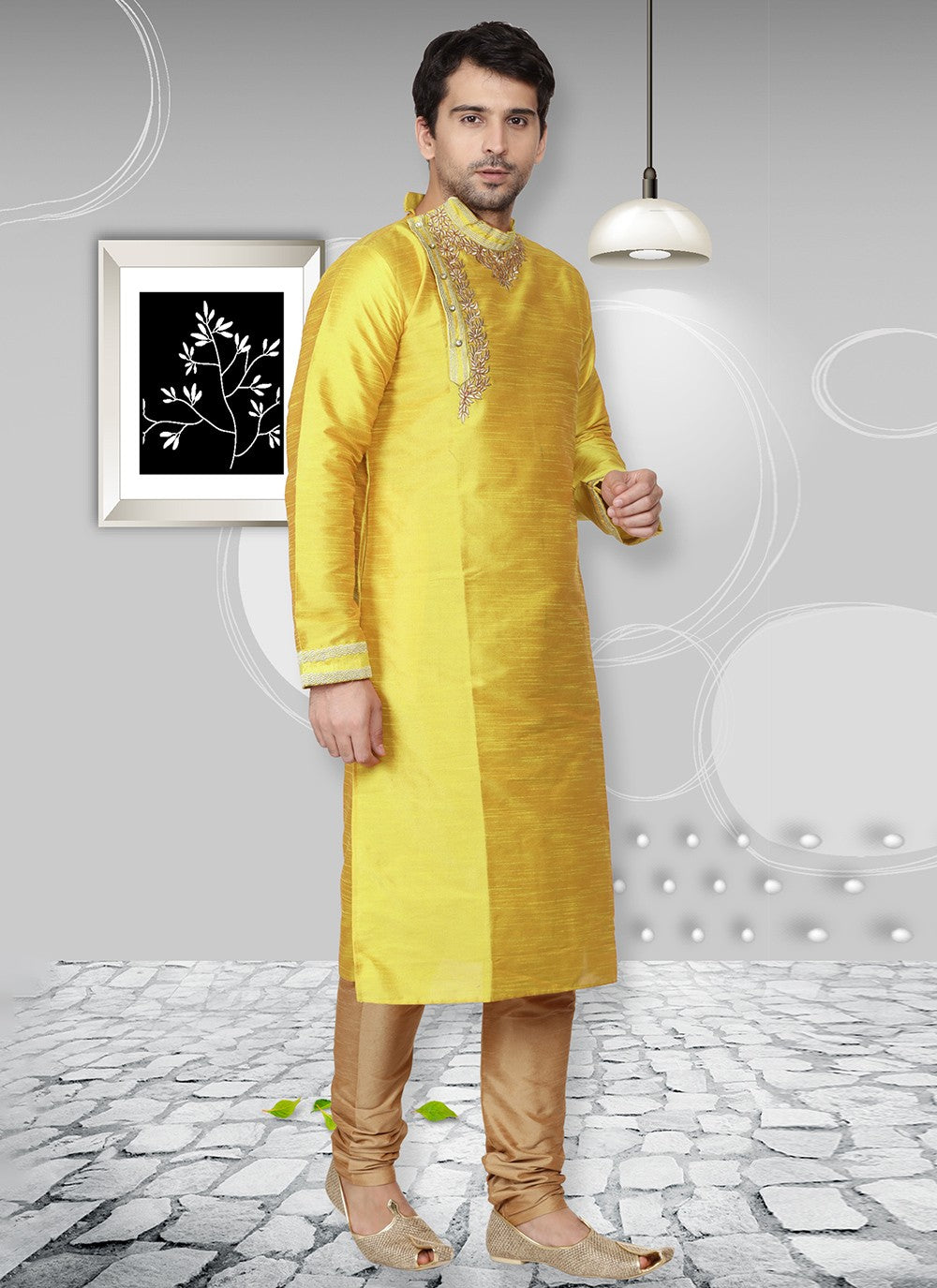 Embroidered Dupion Silk Yellow Kurta Pyjama - M6555