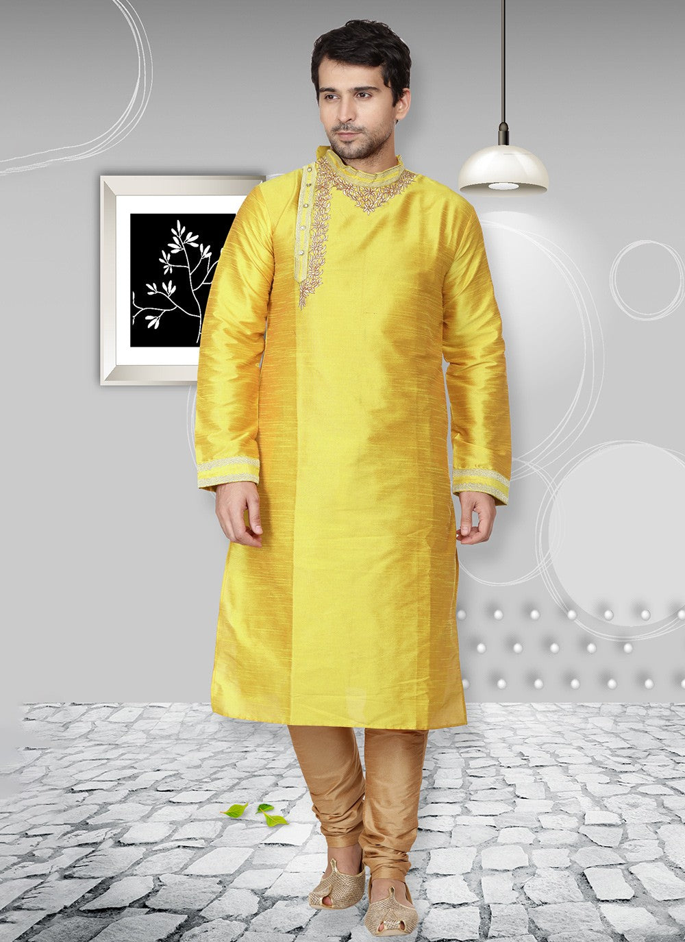 Embroidered Dupion Silk Yellow Kurta Pyjama - M6555