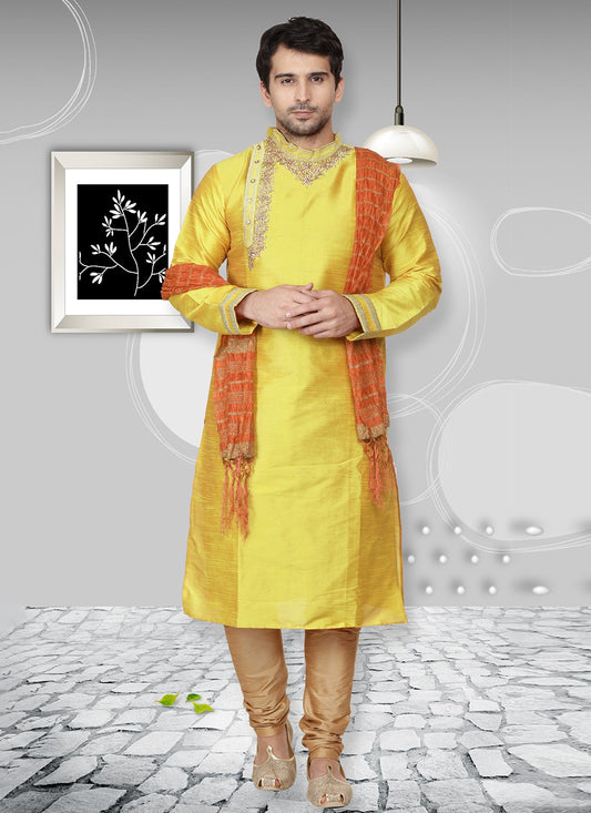 Embroidered Dupion Silk Yellow Kurta Pyjama - M6555