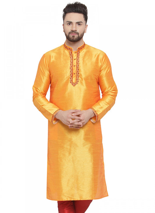 Embroidered Art Dupion Silk Yellow Kurta - M1377