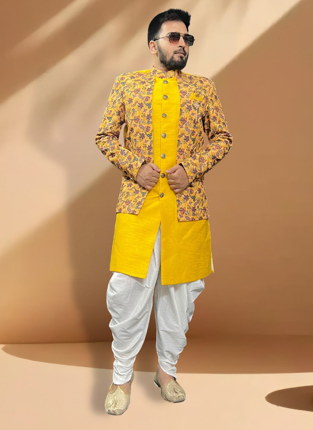 Embroidered Silk Yellow Indo Western - M5343