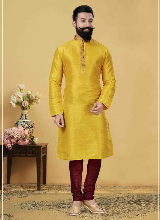 Embroidered Jacquard Silk Yellow Kurta Pyjama - M1839