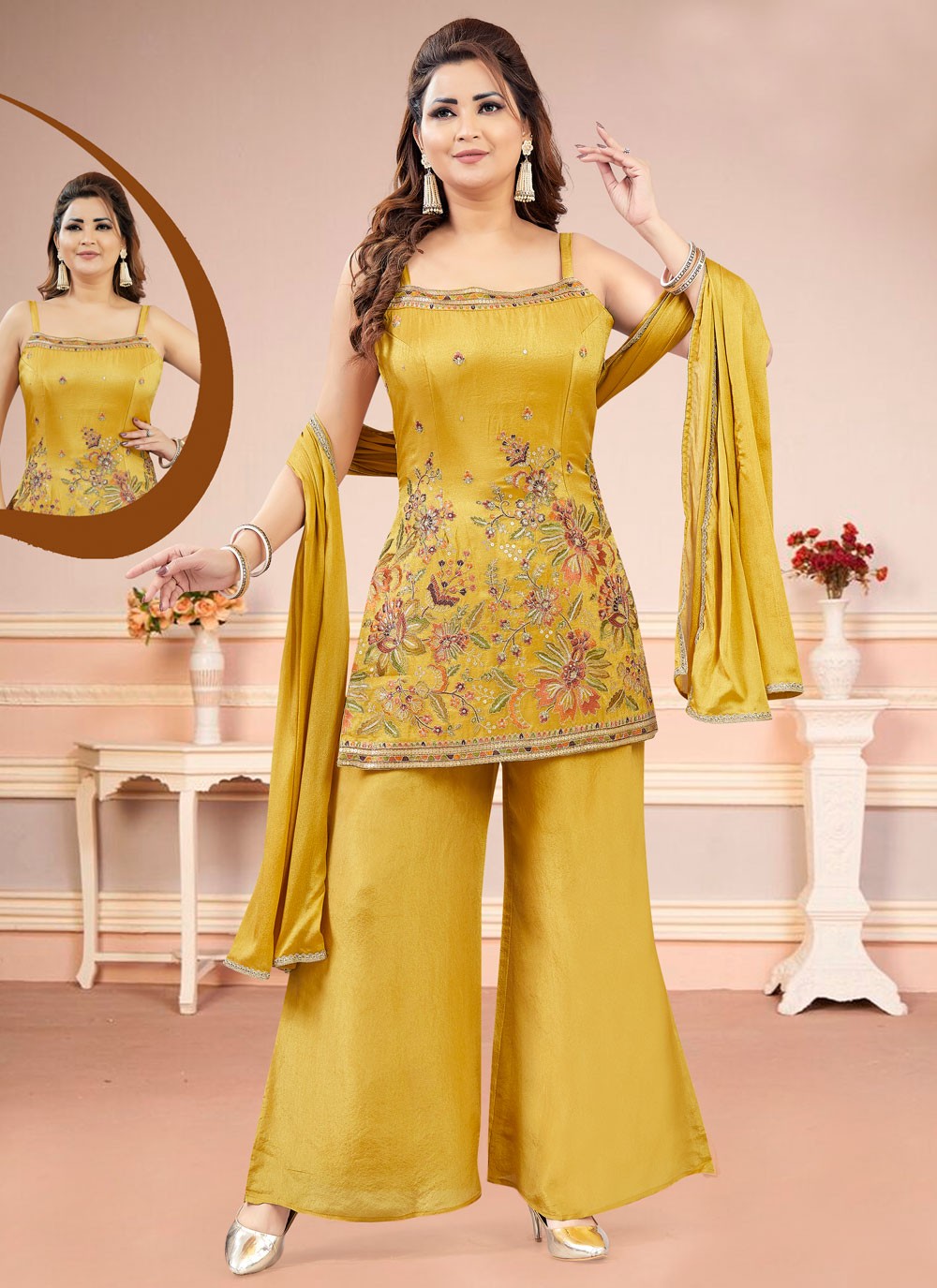 Embroidered Chinon Palazzo Suit - T4590