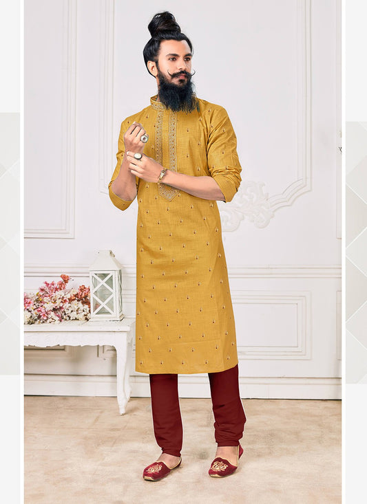 Embroidered Polly Cotton Yellow Kurta Pyjama - M2466