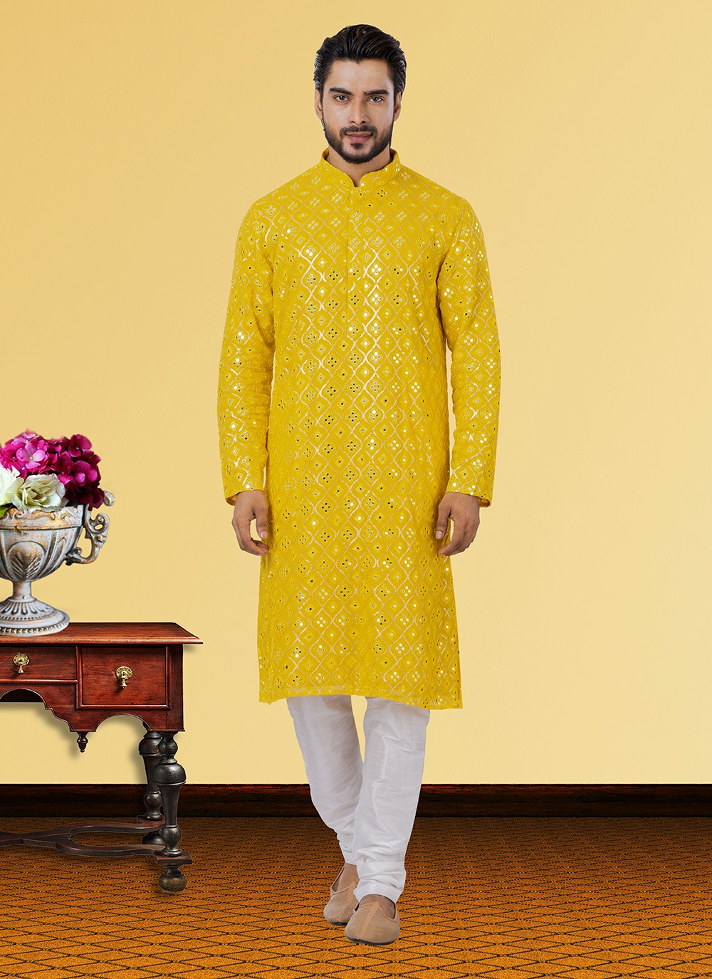 Embroidered Georgette Yellow Kurta Pyjama - M3724