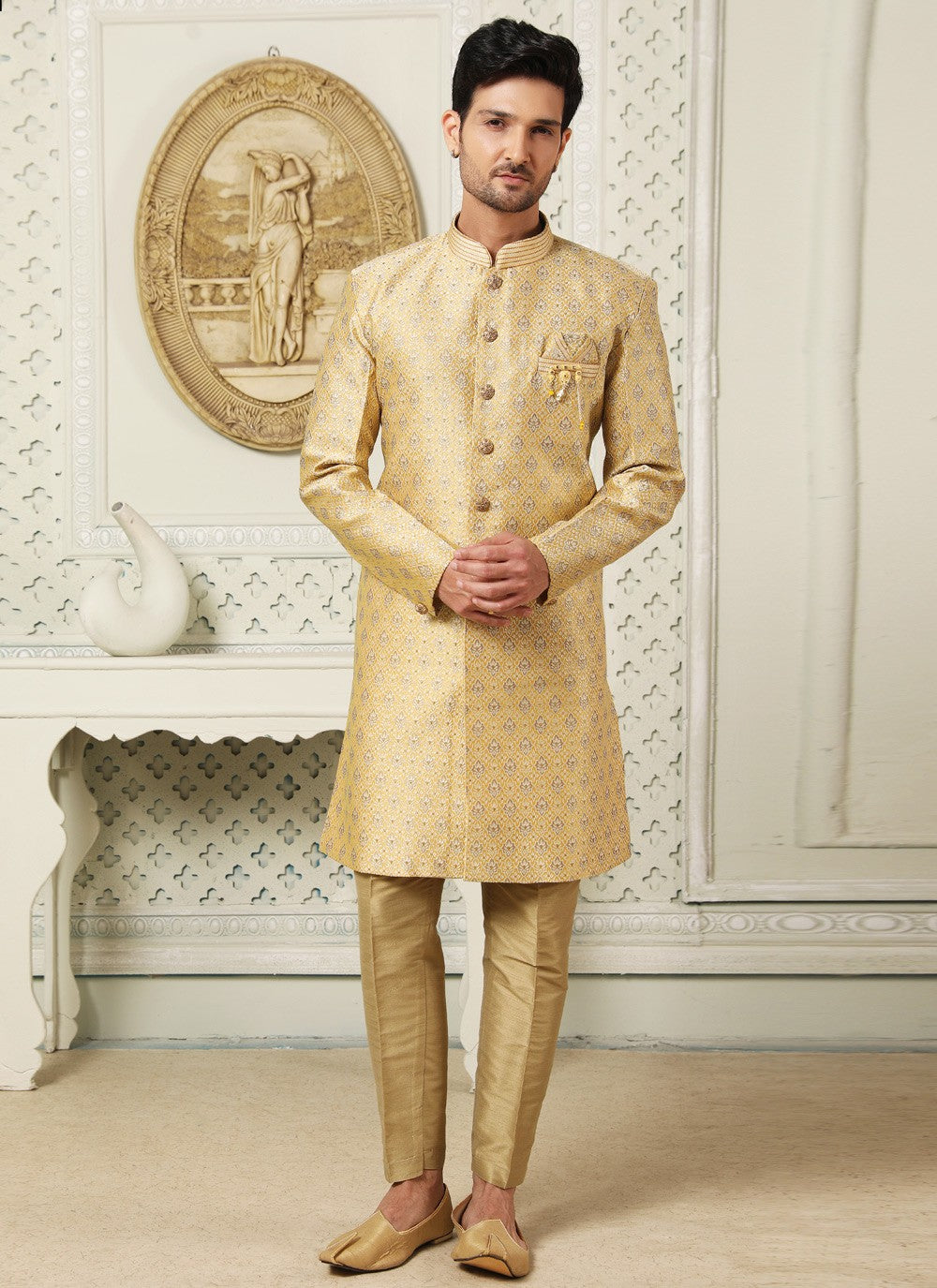 Embroidered Jacquard Yellow Indo Western - M4415