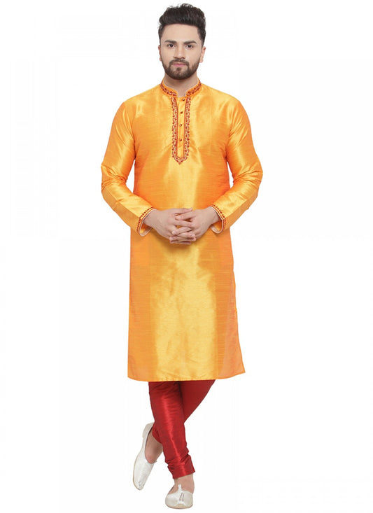 Embroidered Art Silk Yellow Kurta Pyjama - M1388