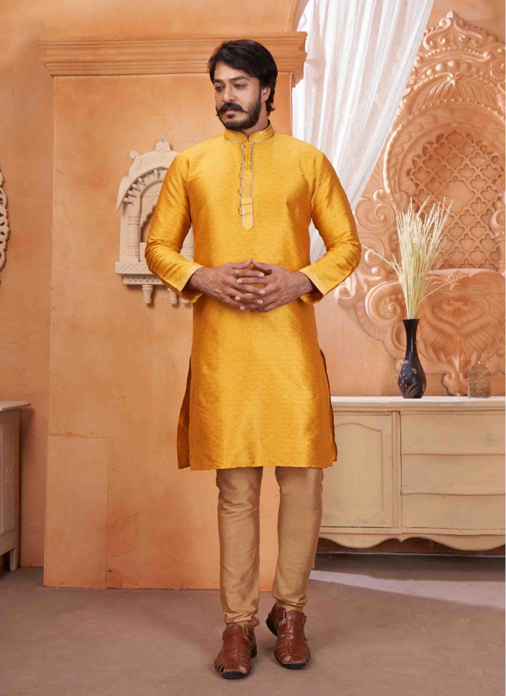 Embroidered Chinon Yellow Kurta Pyjama - M1836