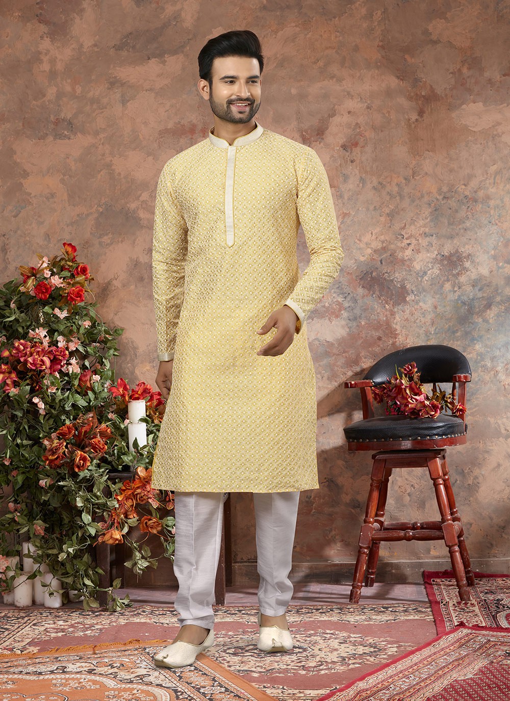 Embroidered Silk Yellow Kurta Pyjama - M3053