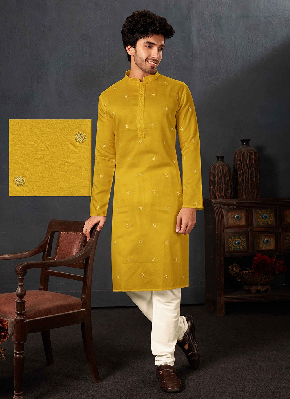 Embroidered Cotton Yellow Kurta Pyjama - M6848