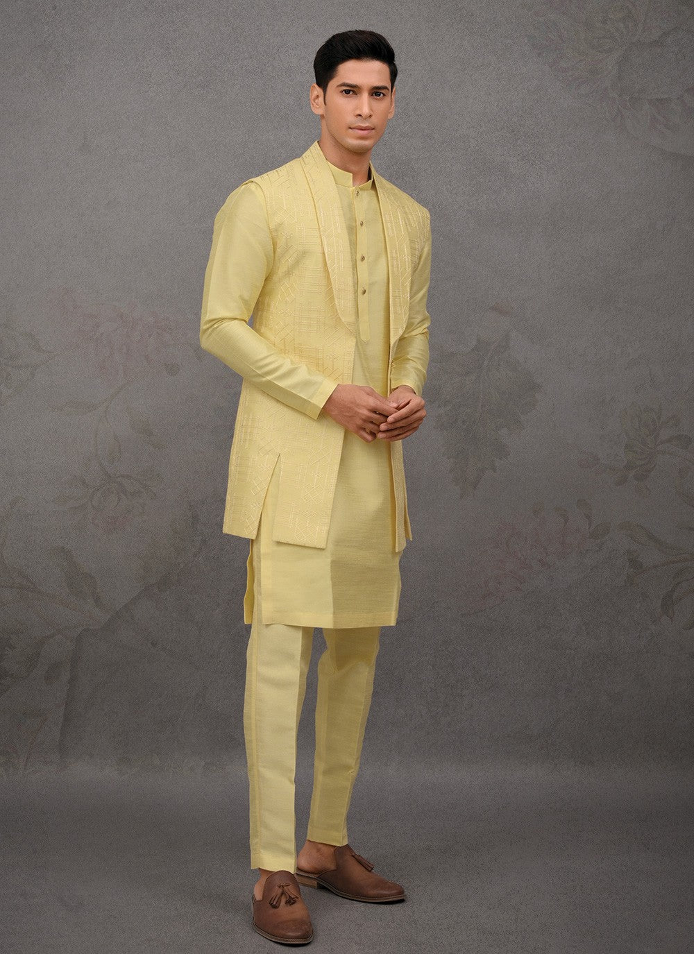 Embroidered Silk Yellow Kurta Payjama With Jacket - M8461