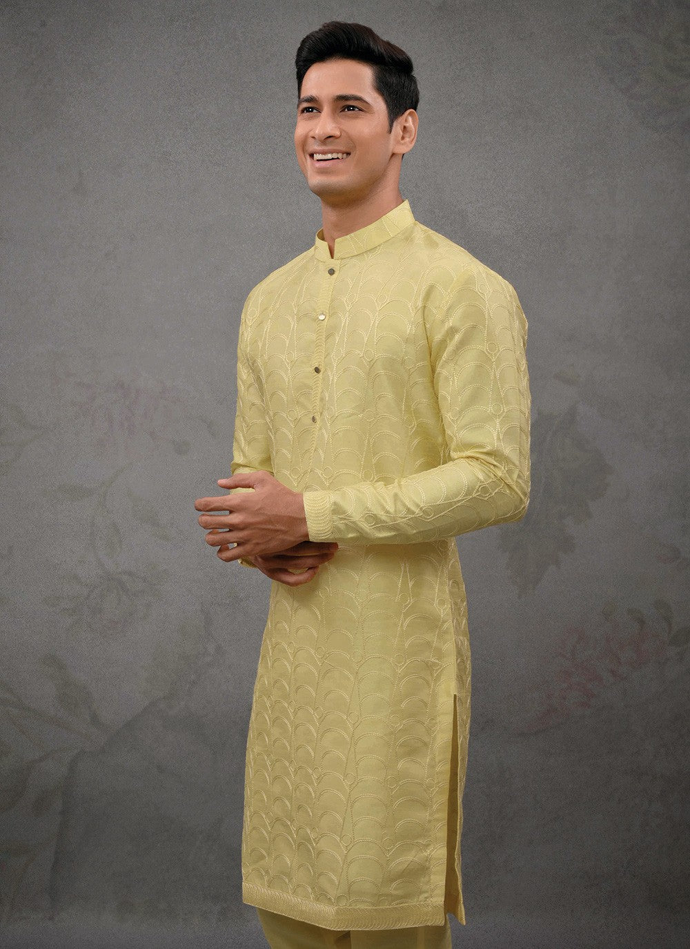 Embroidered Silk Yellow Kurta Pyjama - M8398